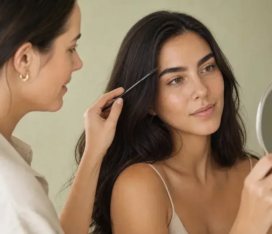 An artist brushing brows into shape after lamination